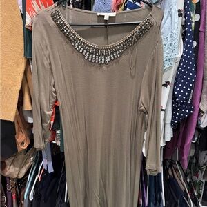 Haani Long Sleeve Dress with Beaded Neckline - Brown